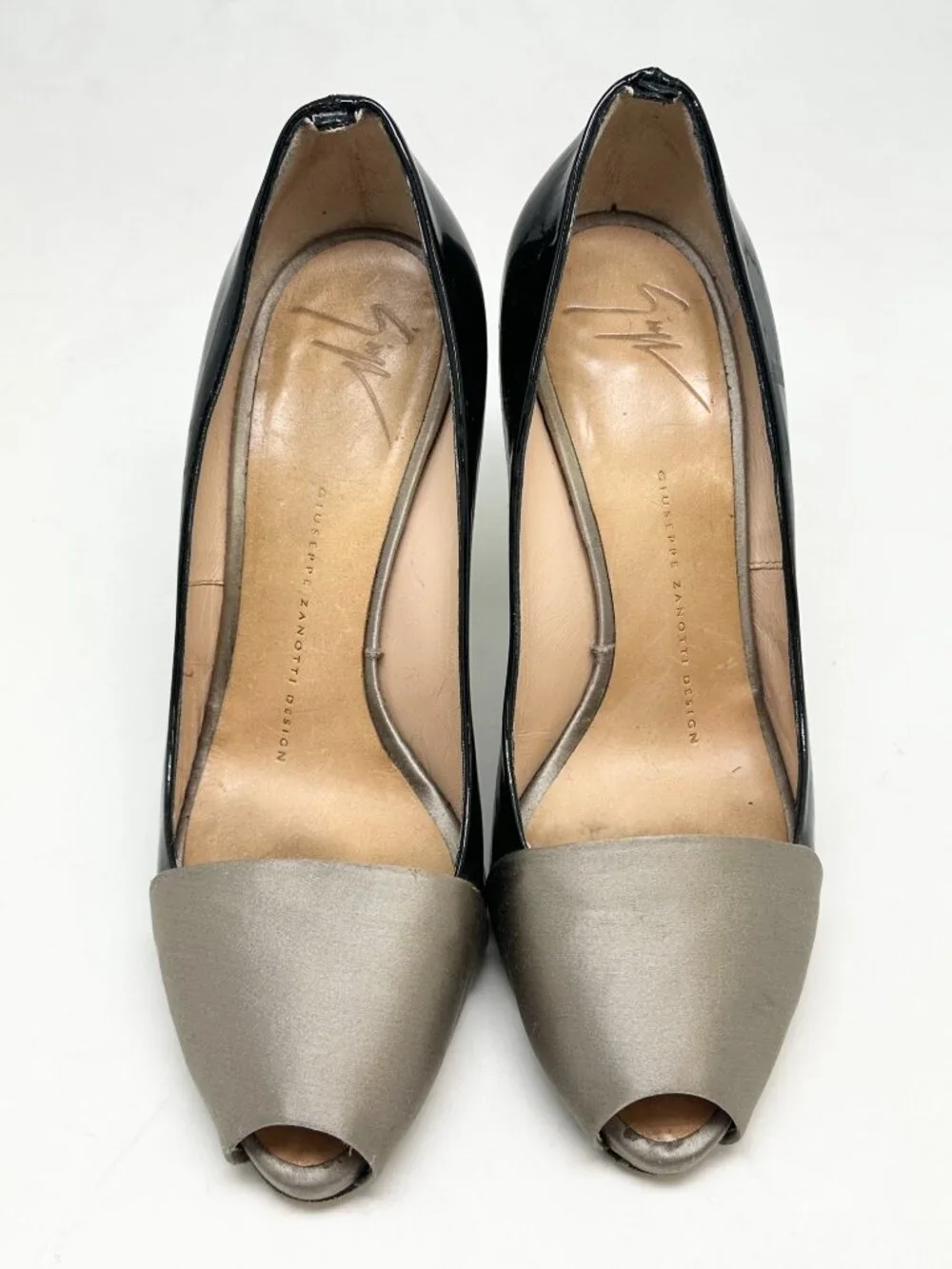 Giuseppe Zanotti Black Patent Leather Silver Peep Toe Heels Size 6.5